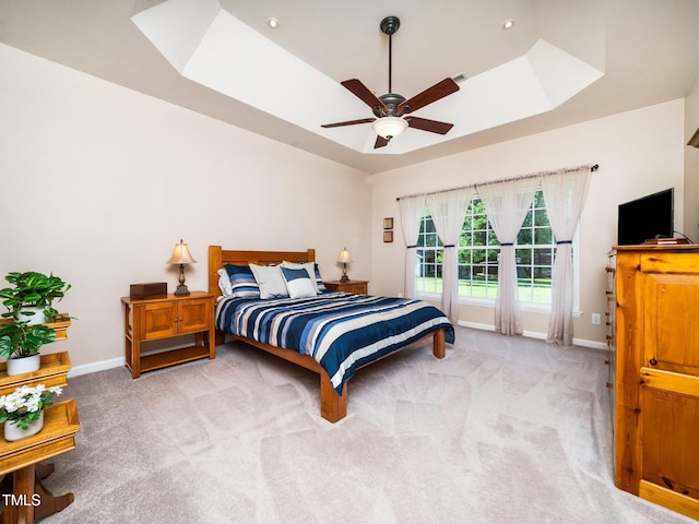 8917 Thompson Mill Rd, Wake Forest, NC 27587 - bedroom featuring light colored carpet, baseboards, a skylight, and a raised ceiling