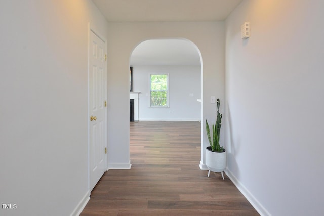 1056 Evening Shade Ave, Rolesville, NC 27571 - corridor with arched walkways, dark wood-style flooring, and baseboards