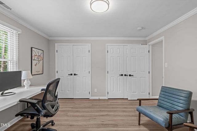 3 Haggis Ct, Durham, NC 27705 - office area featuring light wood-type flooring, crown molding, and baseboards