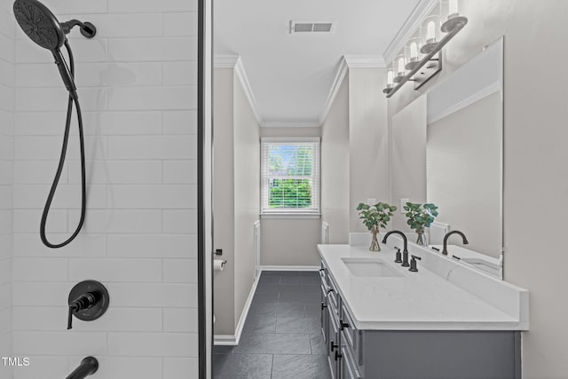 3 Haggis Ct, Durham, NC 27705 - full bath with crown molding, a shower, vanity, baseboards, and tile patterned flooring