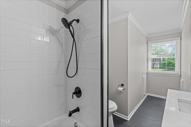 3 Haggis Ct, Durham, NC 27705 - full bathroom with crown molding, toilet, tile patterned floors, baseboards, and bathing tub / shower combination