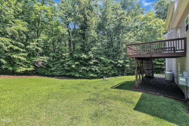 1325 Red Brick Rd, Garner, NC 27529 - view of green lawn with stairway and a wooden deck