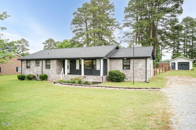 103 Midway Ln, Roanoke Rapids, NC 27870 - ranch-style home featuring driveway, a garage, brick siding, an outdoor structure, and a porch