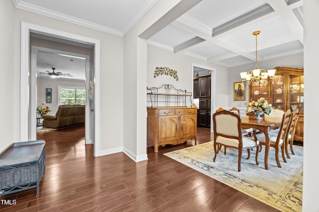 633 Copper Beech Ln, Wake Forest, NC 27587 - dining space with dark wood-type flooring, a chandelier, beamed ceiling, crown molding, and ceiling fan