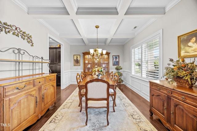 633 Copper Beech Ln, Wake Forest, NC 27587 - dining area featuring dark wood-type flooring, a chandelier, beam ceiling, coffered ceiling, and crown molding