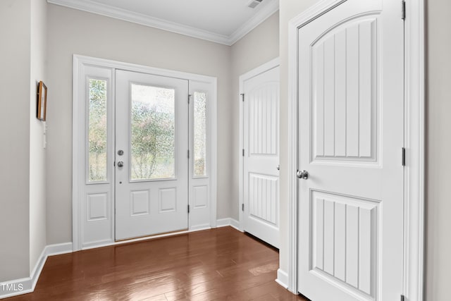 633 Copper Beech Ln, Wake Forest, NC 27587 - entrance foyer with crown molding, dark wood-style floors, and baseboards