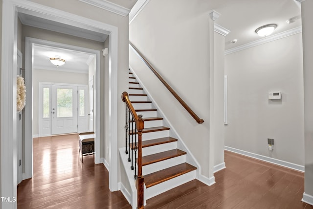 633 Copper Beech Ln, Wake Forest, NC 27587 - staircase with ornamental molding, wood finished floors, and baseboards