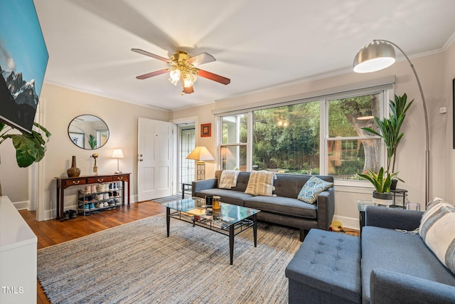 1905 Bivins St, Durham, NC 27707 - living area featuring ceiling fan, wood finished floors, crown molding, and baseboards