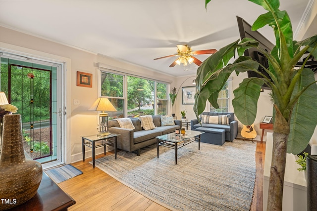 1905 Bivins St, Durham, NC 27707 - living area featuring wood finished floors, crown molding, and a ceiling fan
