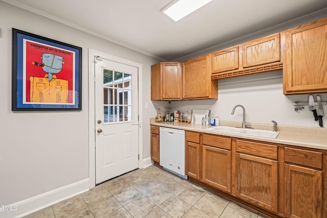 1905 Bivins St, Durham, NC 27707 - kitchen with dishwasher, a sink, light countertops, ornamental molding, and baseboards