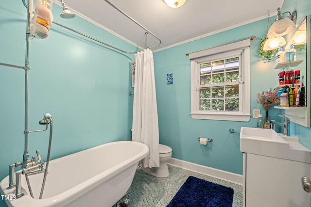 1905 Bivins St, Durham, NC 27707 - full bath with vanity, a soaking tub, baseboards, ornamental molding, and toilet