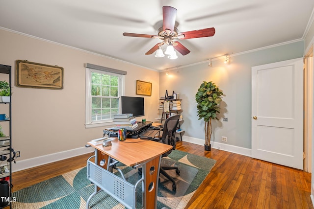 1905 Bivins St, Durham, NC 27707 - home office with ceiling fan, ornamental molding, track lighting, wood-type flooring, and baseboards