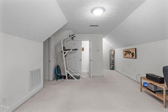 1016 Luminary Ln, Willow Springs, NC 27592 - workout room with a textured ceiling, carpet flooring, lofted ceiling, and baseboards