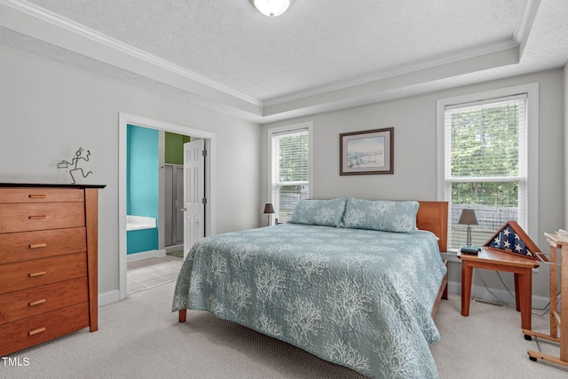 1016 Luminary Ln, Willow Springs, NC 27592 - bedroom with crown molding, light carpet, a tray ceiling, a textured ceiling, and baseboards