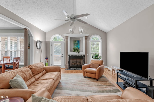 1016 Luminary Ln, Willow Springs, NC 27592 - living area with a ceiling fan, a textured ceiling, wood finished floors, lofted ceiling, and plenty of natural light