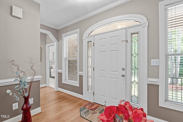 1016 Luminary Ln, Willow Springs, NC 27592 - foyer with light wood-type flooring, ornamental molding, baseboards, and a textured ceiling
