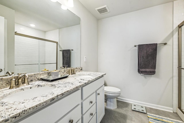 433 Parker Station Ave, Fuquay Varina, NC 27526 - bathroom featuring a stall shower, double vanity, toilet, baseboards, and recessed lighting