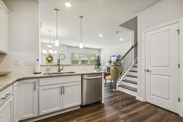 433 Parker Station Ave, Fuquay Varina, NC 27526 - kitchen featuring stainless steel dishwasher, a sink, backsplash, recessed lighting, and dark wood finished floors