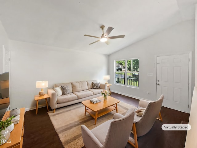 216 E Hinton St, Clayton, NC 27520 - living room featuring a ceiling fan, vaulted ceiling, baseboards, and dark wood-style floors