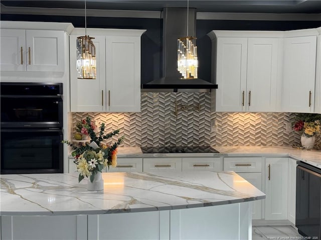 504 E Edinborough Ave, Raeford, NC 28376 - kitchen with black appliances, wall chimney exhaust hood, and white cabinetry