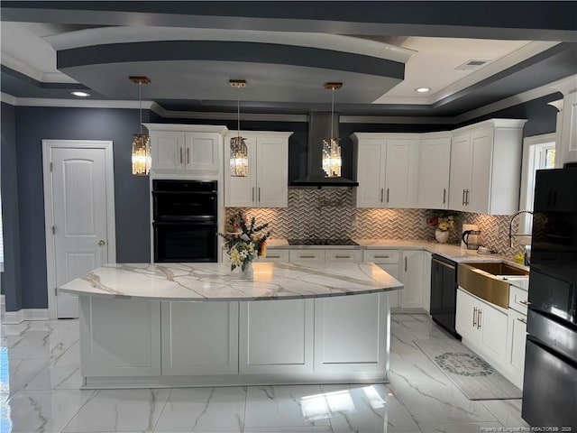 504 E Edinborough Ave, Raeford, NC 28376 - kitchen with wall chimney exhaust hood, black appliances, a sink, white cabinets, and recessed lighting