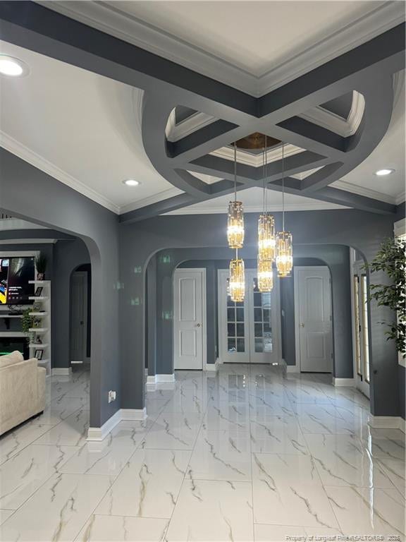 504 E Edinborough Ave, Raeford, NC 28376 - unfurnished dining area with arched walkways, baseboards, a chandelier, recessed lighting, and crown molding