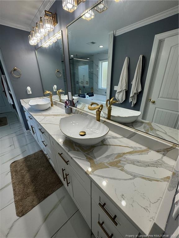 504 E Edinborough Ave, Raeford, NC 28376 - full bath featuring marble finish floors, ornamental molding, a shower stall, and double vanity