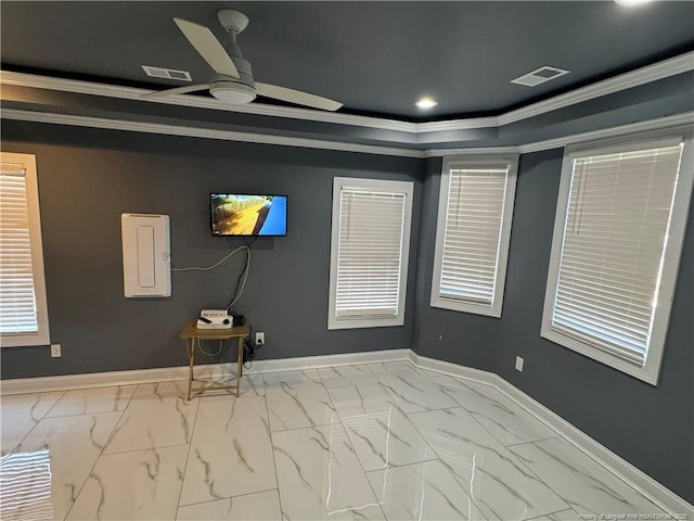 504 E Edinborough Ave, Raeford, NC 28376 - empty room with a ceiling fan, marble finish flooring, crown molding, baseboards, and electric panel