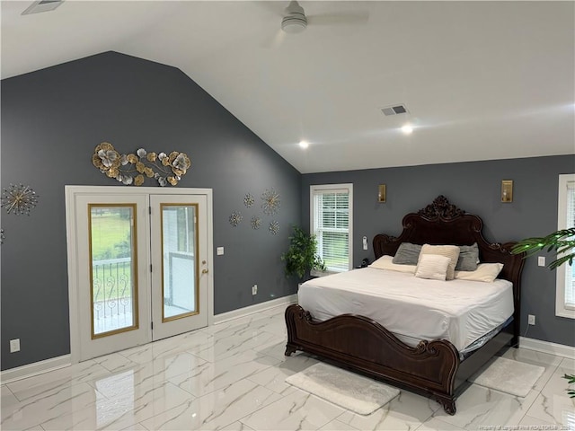 504 E Edinborough Ave, Raeford, NC 28376 - bedroom featuring access to outside, lofted ceiling, light marble finish floors, and baseboards