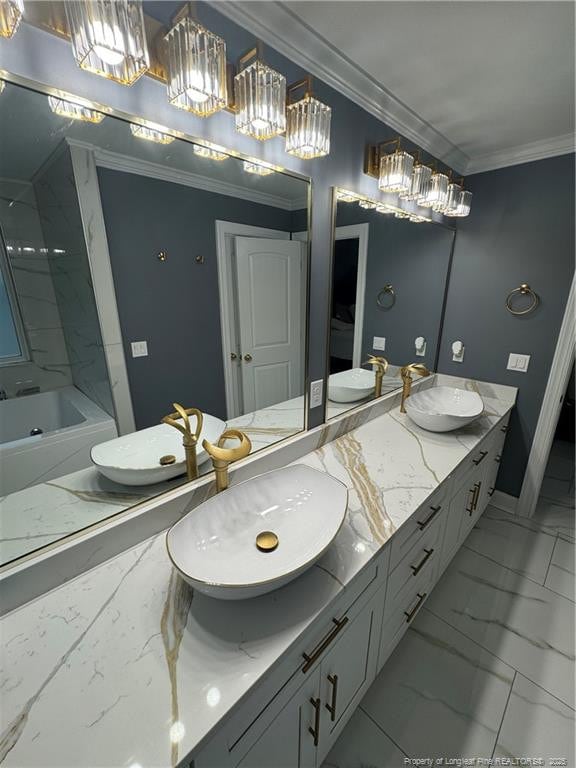504 E Edinborough Ave, Raeford, NC 28376 - bathroom with marble finish flooring, crown molding, double vanity, and a chandelier