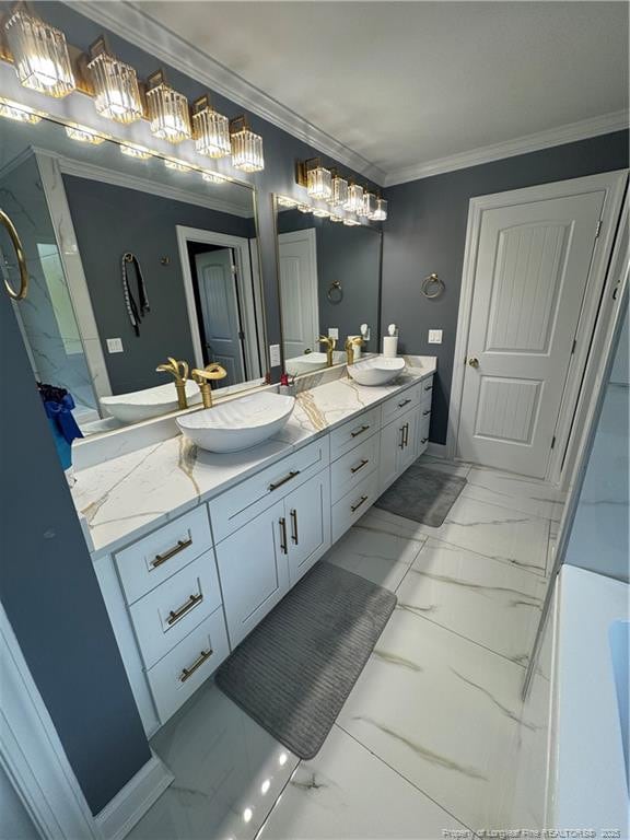 504 E Edinborough Ave, Raeford, NC 28376 - full bath with marble finish flooring, crown molding, double vanity, and a chandelier