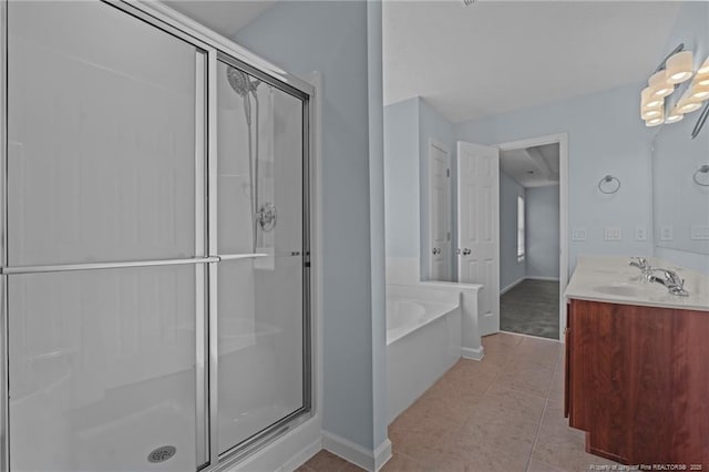 11 Checkmate Ct, Cameron, NC 28326 - full bathroom featuring a shower stall, a garden tub, tile patterned floors, and double vanity