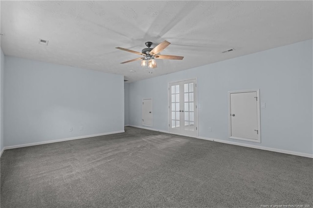 11 Checkmate Ct, Cameron, NC 28326 - carpeted spare room featuring ceiling fan, baseboards, french doors, and a textured ceiling