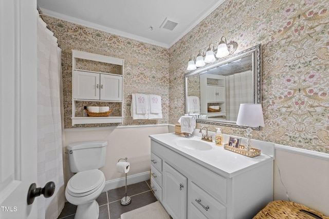 3620 Arrowwood Dr, Raleigh, NC 27604 - full bathroom with wallpapered walls, crown molding, toilet, tile patterned flooring, and vanity