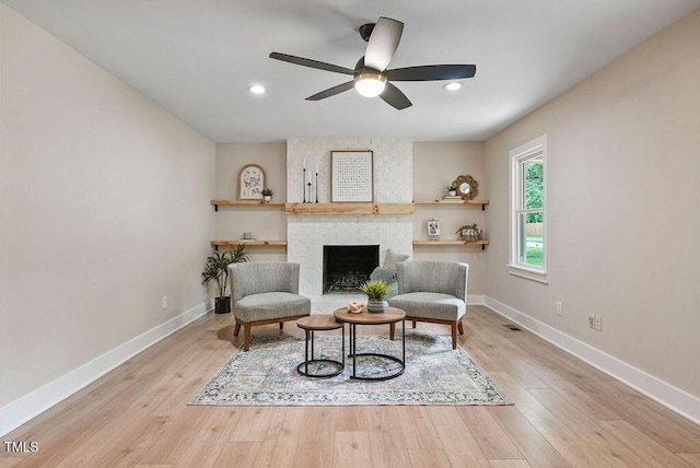 847 E Maple Ln, Fuquay Varina, NC 27526 - sitting room with ceiling fan, wood finished floors, baseboards, a fireplace, and recessed lighting