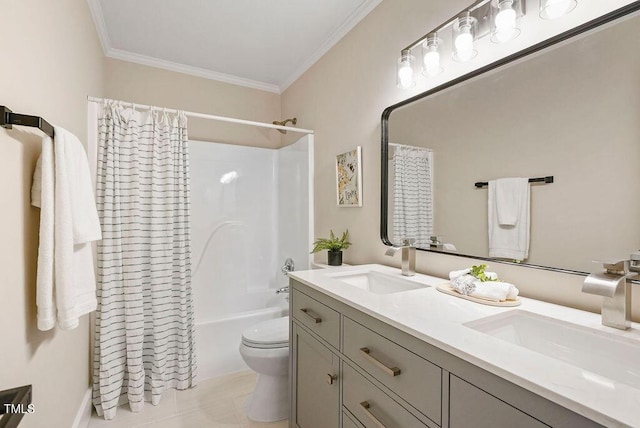 847 E Maple Ln, Fuquay Varina, NC 27526 - full bath with ornamental molding, double vanity, toilet, shower / bath combo with shower curtain, and tile patterned floors