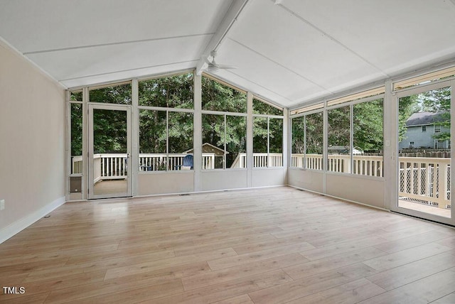 847 E Maple Ln, Fuquay Varina, NC 27526 - unfurnished sunroom with ceiling fan, hardwood / wood-style floors, a deck, and baseboards