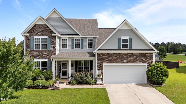 30 Sunbury Ct, Zebulon, NC 27597 - view of front facade with stone siding, a shingled roof, driveway, and a front lawn