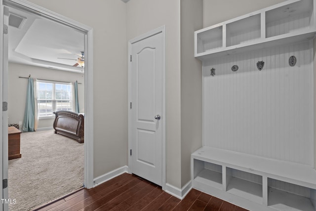 30 Sunbury Ct, Zebulon, NC 27597 - mudroom with baseboards, dark wood-style floors, and a ceiling fan