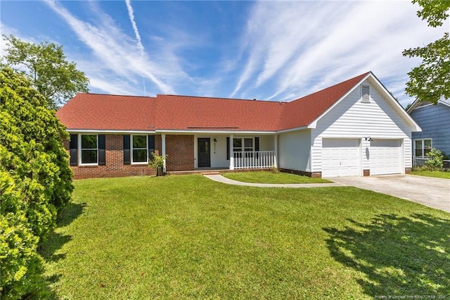 ranch-style home featuring covered porch, concrete driveway, an attached garage, a front lawn, and brick siding