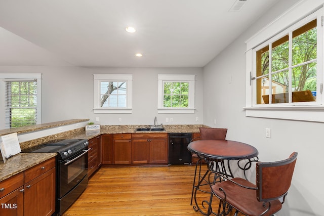 1008 Dorothea Dr, Raleigh, NC 27603 - kitchen with black appliances, a sink, healthy amount of natural light, light wood-type flooring, and recessed lighting
