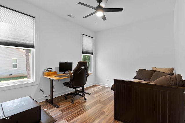 136 Hatchet Cv, Louisburg, NC 27549 - office featuring a ceiling fan, wood finished floors, and baseboards