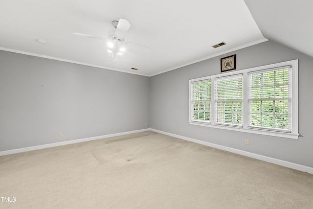 1007 Surry Dale Ct, Apex, NC 27502 - unfurnished room featuring baseboards, a ceiling fan, light carpet, ornamental molding, and lofted ceiling