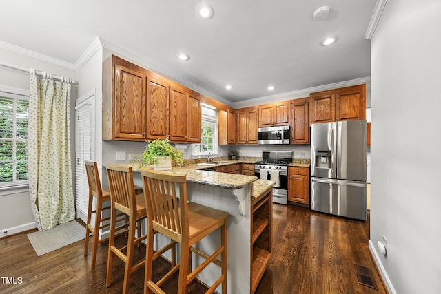 1007 Surry Dale Ct, Apex, NC 27502 - kitchen featuring appliances with stainless steel finishes, a sink, crown molding, a peninsula, and dark wood-type flooring