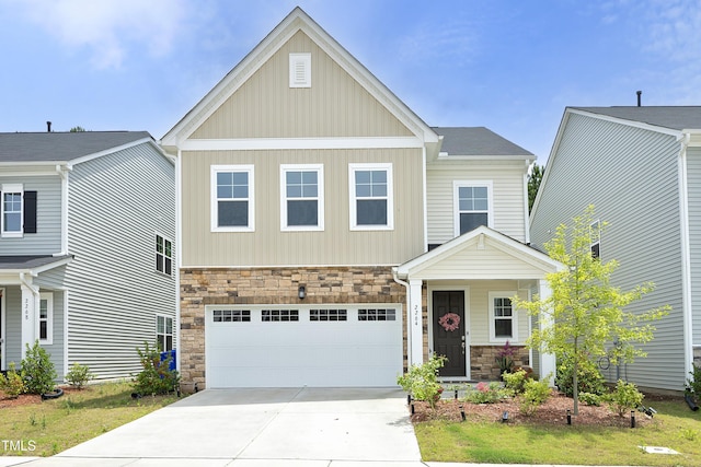 2264 Jollay St, Durham, NC 27703 - craftsman inspired home featuring stone siding, driveway, an attached garage, and board and batten siding