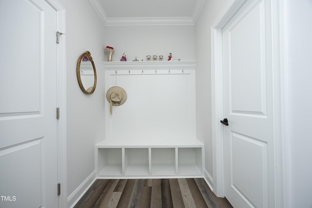2264 Jollay St, Durham, NC 27703 - mudroom featuring crown molding, baseboards, and dark wood-type flooring