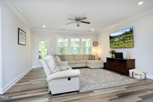 2264 Jollay St, Durham, NC 27703 - living area with plenty of natural light, ceiling fan, wood finished floors, recessed lighting, and crown molding