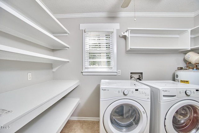 2616 Kirk Rd, Durham, NC 27705 - laundry area featuring crown molding, washing machine and dryer, baseboards, a textured ceiling, and a ceiling fan