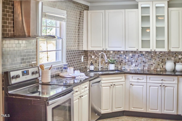 2616 Kirk Rd, Durham, NC 27705 - kitchen with stainless steel appliances, crown molding, a sink, and white cabinets
