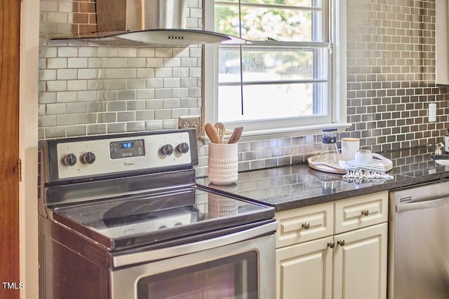 2616 Kirk Rd, Durham, NC 27705 - kitchen featuring appliances with stainless steel finishes, ventilation hood, backsplash, and dark stone counters
